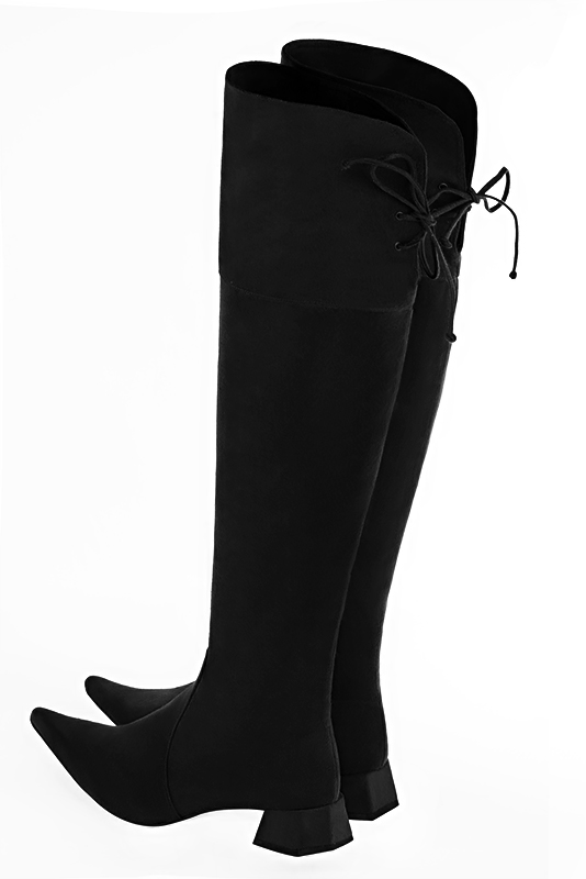 Matt black women's leather thigh-high boots. Pointed toe. Low flare heels. Made to measure. Rear view - Florence KOOIJMAN